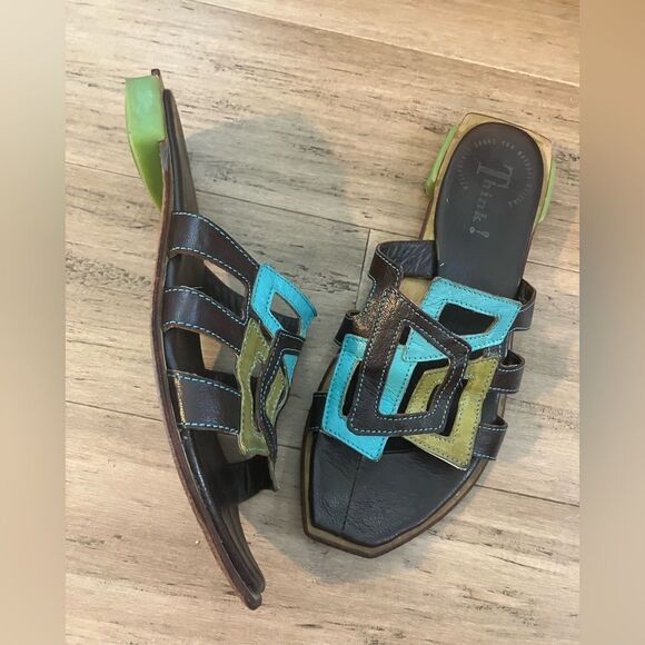 Think! Designer leather upper/ sole geometric retro women’s slides 9.5” size 8 - Picture 1 of 6